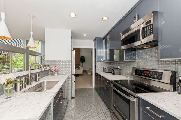 Interior, Kitchen, Pendant Lights, Recessed Lighting, Stainless Steel Appliances, Wood Texture Flooring