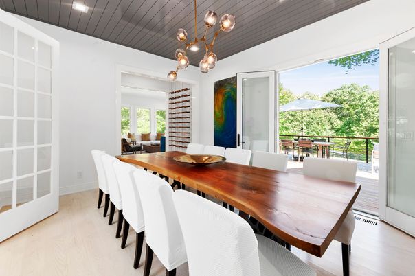 Dining room, Interior, Pendant Lights, Wood Texture Flooring