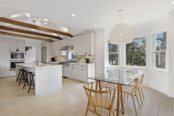 Dining room, Interior, Kitchen, Pendant Lights, Recessed Lighting, Stainless Steel Appliances, Wooden Beams, Wood Texture Flooring