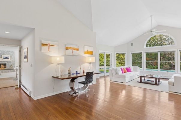 Fireplace, Home Office, Interior, Living room, Recessed Lighting, Wood Texture Flooring