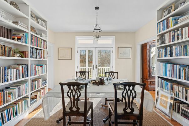 Dining room, Interior, Pendant Lights, Wood Texture Flooring