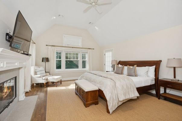 Bedroom, Fireplace, Interior, Recessed Lighting, Wood Texture Flooring