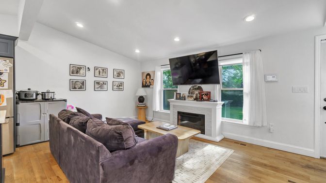 Fireplace, Interior, Living room, Recessed Lighting, Wood Texture Flooring