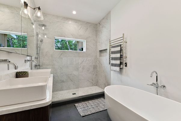 Bathroom, Free Standing Baths, Glass Shower, Interior, Marble Walls, Recessed Lighting