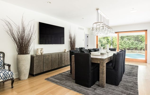 Dining room, Interior, Pendant Lights, Recessed Lighting, Wood Texture Flooring