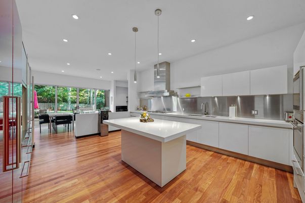 Dining room, Interior, Kitchen, Pendant Lights, Recessed Lighting, Stainless Steel Appliances, Wood Texture Flooring