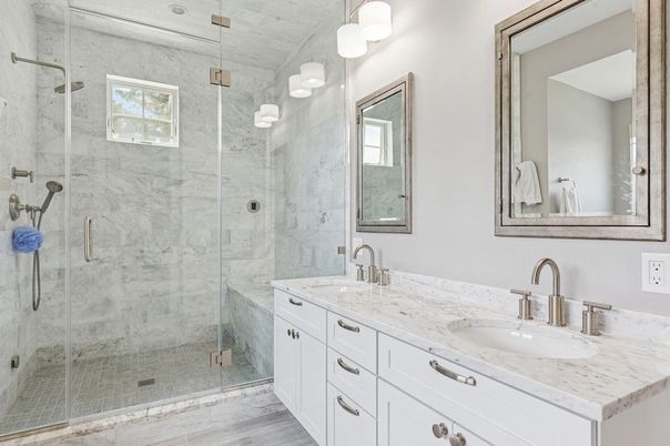 Bathroom, Dual Sink Vanities, Glass Shower, Interior, Marble Walls