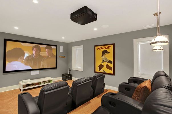 Home Theatre Room, Interior, Projection Screen, Recessed Lighting, Theatre Room, Wood Texture Flooring