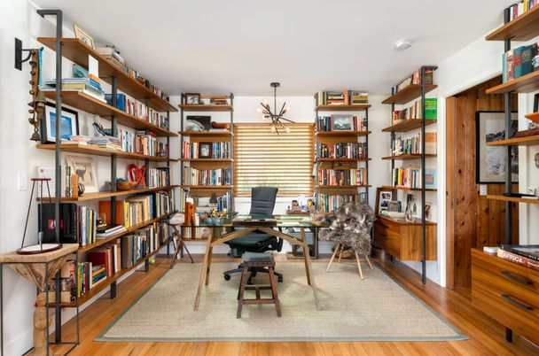 Home Office, Interior, Pendant Lights, Wood Texture Flooring