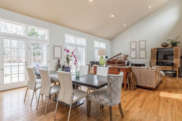 Dining room, Fireplace, Interior, Living room, Recessed Lighting, Wood Texture Flooring