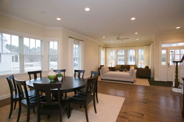 Dining room, Interior, Living room, Recessed Lighting, Wood Texture Flooring