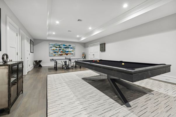 Billiard Table, Game Room, Interior, Recessed Lighting, Wood Texture Flooring