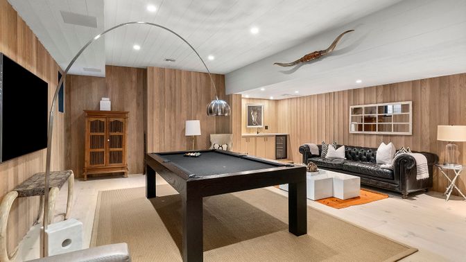 Billiard Table, Game Room, Interior, Recessed Lighting, Wood Texture Flooring, Wooden Walls