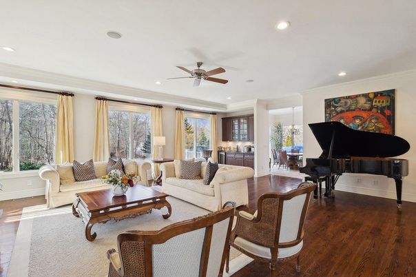 Interior, Living room, Piano, Recessed Lighting, Wood Texture Flooring