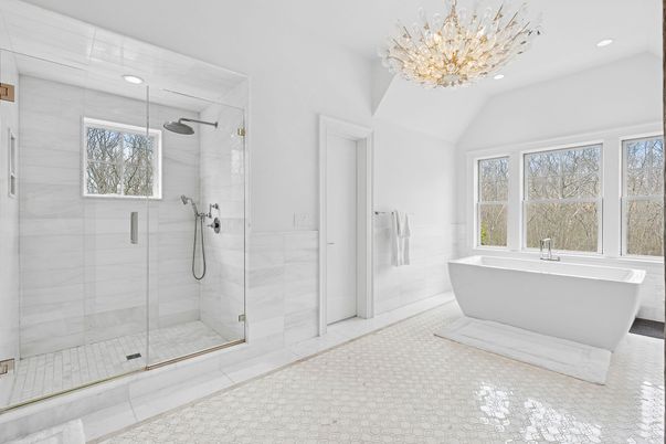 Bathroom, Free Standing Baths, Glass Shower, Interior, Marble Walls, Recessed Lighting