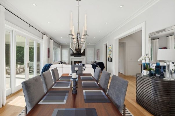Dining room, Fireplace, Interior, Living room, Pendant Lights, Recessed Lighting, Wood Texture Flooring