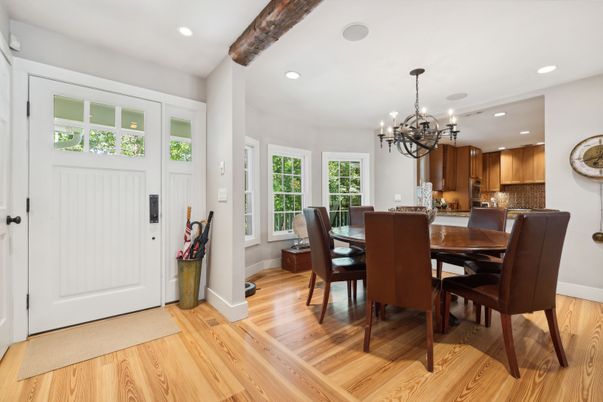 Chandelier, Dining room, Interior, Recessed Lighting, Wooden Beams, Wood Texture Flooring