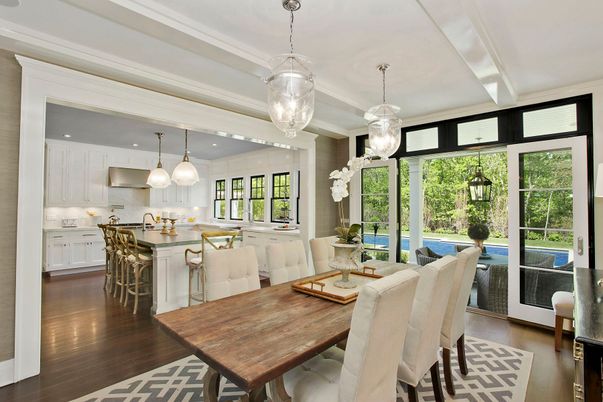 Dining room, Interior, Kitchen, Pendant Lights, Recessed Lighting, Wood Texture Flooring