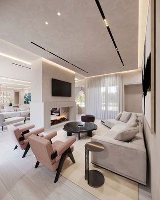 Fireplace, Interior, Living room, Recessed Lighting, Wood Texture Flooring