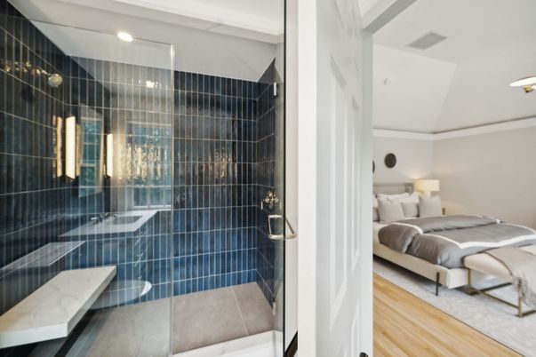 Bathroom, Bedroom, Glass Shower, Interior, Recessed Lighting, Wood Texture Flooring