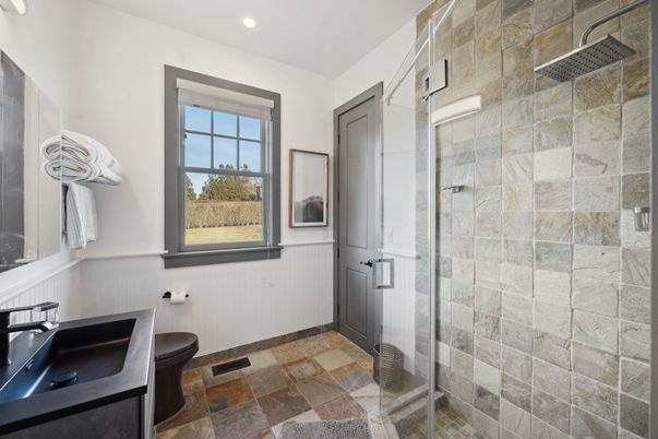 Bathroom, Glass Shower, Interior, Recessed Lighting, Stone Walls
