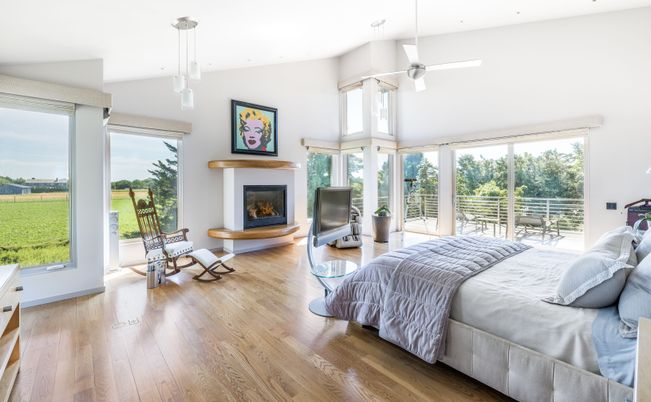Bedroom, Fireplace, Interior, Pendant Lights, Wood Texture Flooring