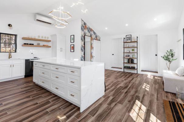 Interior, Kitchen, Pendant Lights, Recessed Lighting, Wood Texture Flooring