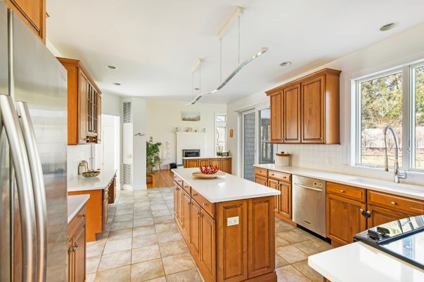 Fireplace, Interior, Kitchen, Pendant Lights, Recessed Lighting, Stainless Steel Appliances