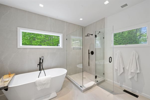 Bathroom, Free Standing Baths, Glass Shower, Interior, Recessed Lighting