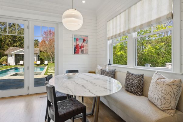 Dining room, Interior, Pendant Lights, Recessed Lighting, Wood Texture Flooring