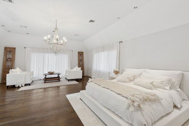 Bedroom, Chandelier, Interior, Recessed Lighting, Wood Texture Flooring