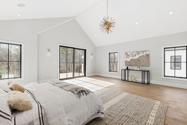 Bedroom, Interior, Pendant Lights, Recessed Lighting, Wood Texture Flooring