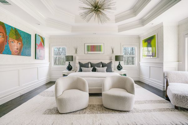 Bedroom, Interior, Pendant Lights, Recessed Lighting, Wood Texture Flooring