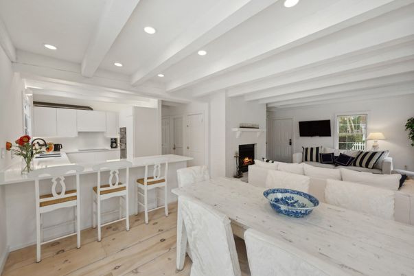 Dining room, Fireplace, Interior, Kitchen, Living room, Recessed Lighting, Stainless Steel Appliances, Wood Texture Flooring