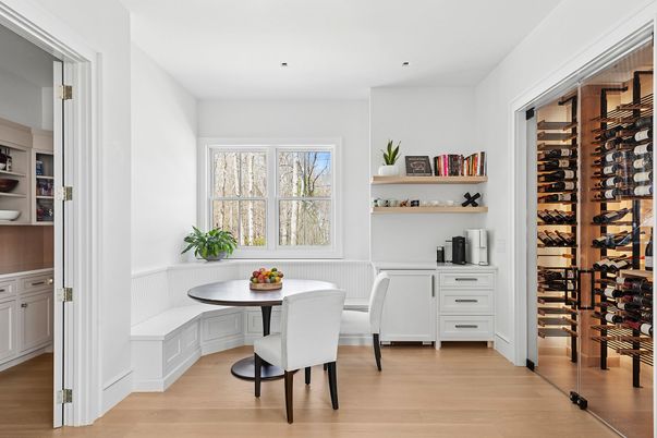Dining room, Interior, Recessed Lighting, Wine Storage, Wood Texture Flooring