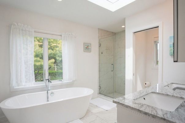 Bathroom, Dual Sink Vanities, Free Standing Baths, Glass Shower, Interior, Marble, Marble Walls, Recessed Lighting