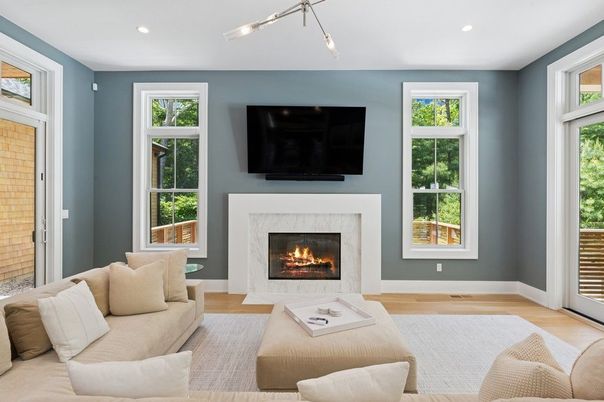 Fireplace, Interior, Living room, Recessed Lighting, Wood Texture Flooring