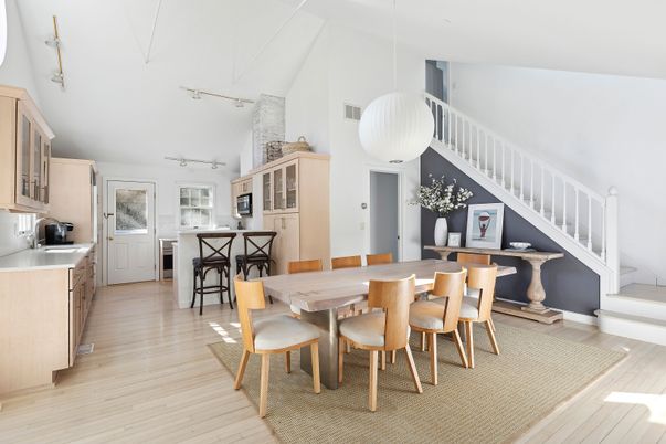 Dining room, Interior, Kitchen, Pendant Lights, Wood Texture Flooring