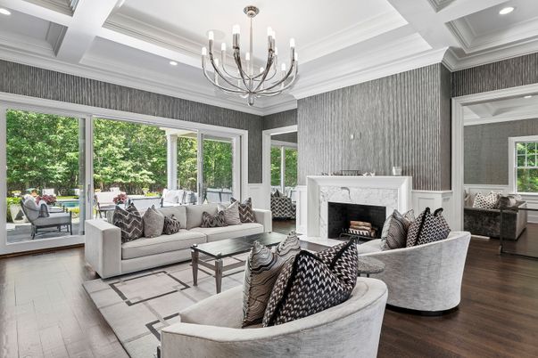 Chandelier, Fireplace, Interior, Living room, Recessed Lighting, Wood Texture Flooring