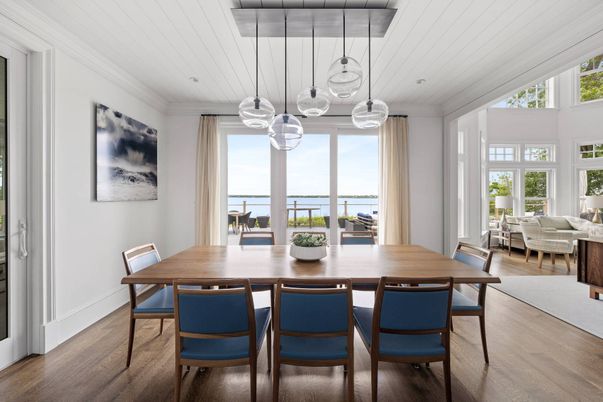 Dining room, Interior, Pendant Lights, Water, Wood Texture Flooring