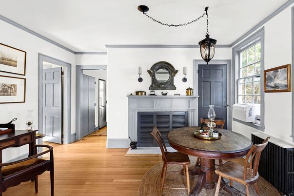 Dining room, Fireplace, Interior, Pendant Lights, Piano, Wood Texture Flooring