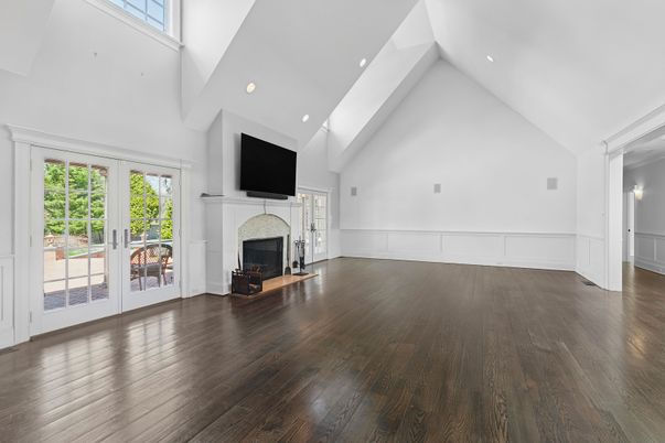 Empty room, Fireplace, Interior, Recessed Lighting, Wood Texture Flooring