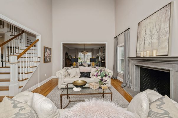 Dining room, Fireplace, Interior, Living room, Pendant Lights, Wood Texture Flooring