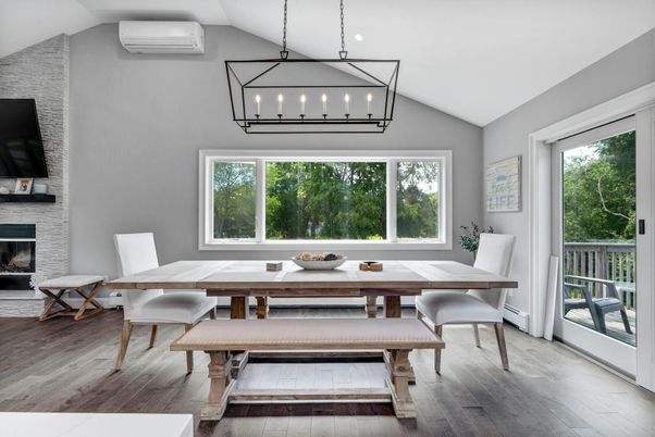 Dining room, Fireplace, Interior, Pendant Lights, Wood Texture Flooring