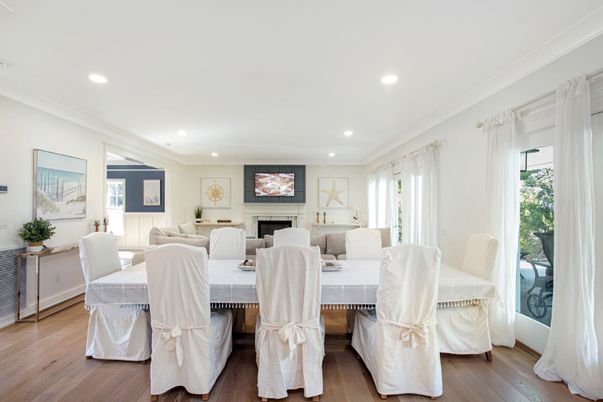 Dining room, Fireplace, Interior, Living room, Recessed Lighting, Wood Texture Flooring