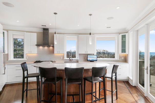 Interior, Kitchen, Pendant Lights, Recessed Lighting, Water, Wood Texture Flooring