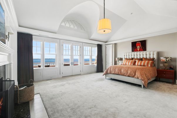Bedroom, Fireplace, Interior, Pendant Lights, Water