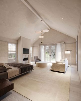 Bedroom, Fireplace, Interior, Recessed Lighting, Wood Texture Flooring