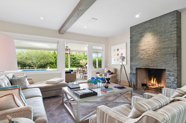 Fireplace, Interior, Living room, Recessed Lighting, Stone Walls, Wooden Beams