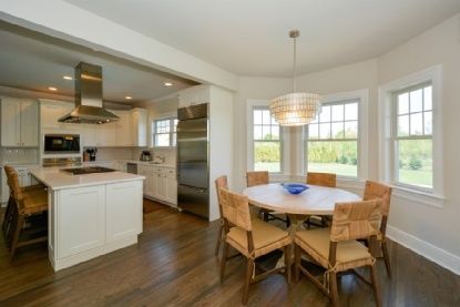 Chandelier, Dining room, Interior, Kitchen, Recessed Lighting, Stainless Steel Appliances, Wood Texture Flooring